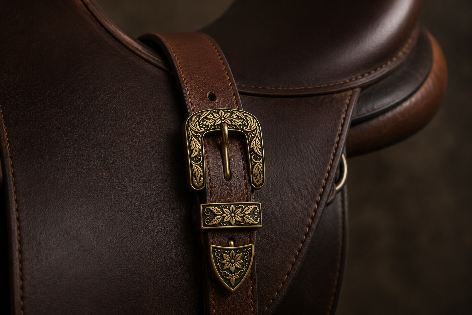 Ornate engraved antique-brass saddlery buckle set on a brown leather saddle strap