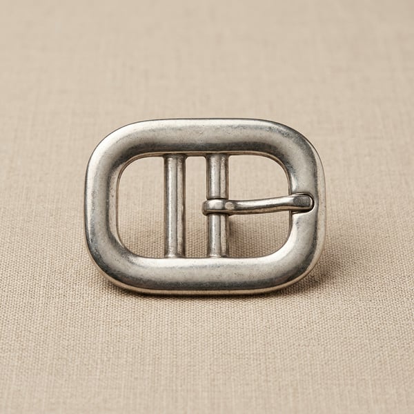 Antique silver oval double-bar belt buckle on linen