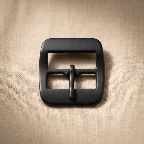 Matte black centre-bar belt buckle on linen